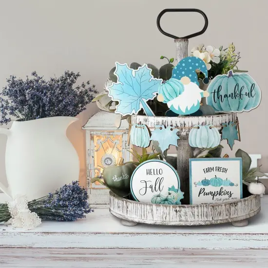 11 Pcs Fall Tiered Tray Decor Set Thanksgiving Pumpkin Decor (Blue,Abstract) {2}