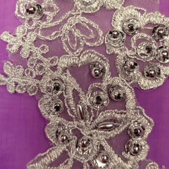 1 Pair Beaded & Corded Lace Applique Embroidered on 100% Polyester Organza 7.5" x 2.75" Each Side White {4}