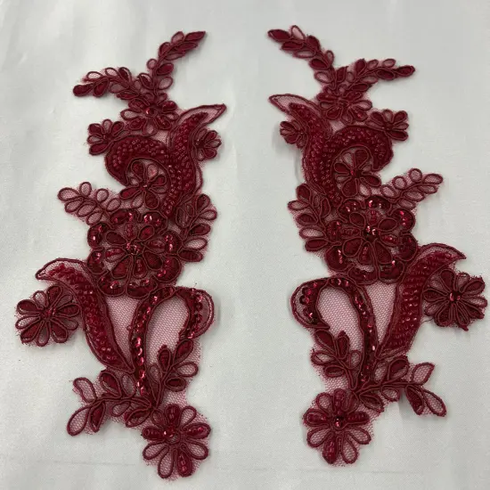 1 Pair Beaded & Corded Floral Lace Applique 9" x 2.5" Each Side Wine {1}