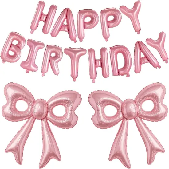 Pink Happy Birthday Balloons - Huge Pink Bow Aluminum Foil {1}