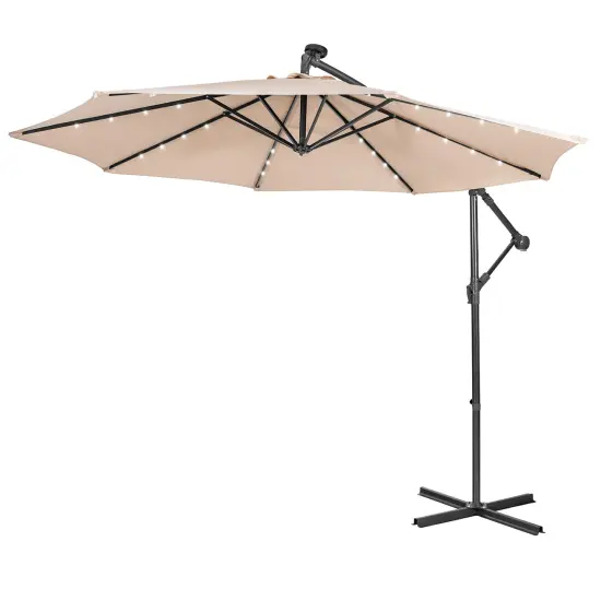 Costway 10FT Cantilever Solar Powered 32LED Lighted Patio Offset Umbrella Outdoor Red\Beige\Coffee\Blue\Navy {7}