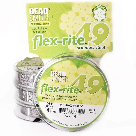 The Beadsmith Flex-Rite Beading Wire - Stainless Steel Micro Flexible Wire, 49 Strand, Clear Color, .014" Diameter, 30-Foot Spool, Nylon Coated {3}