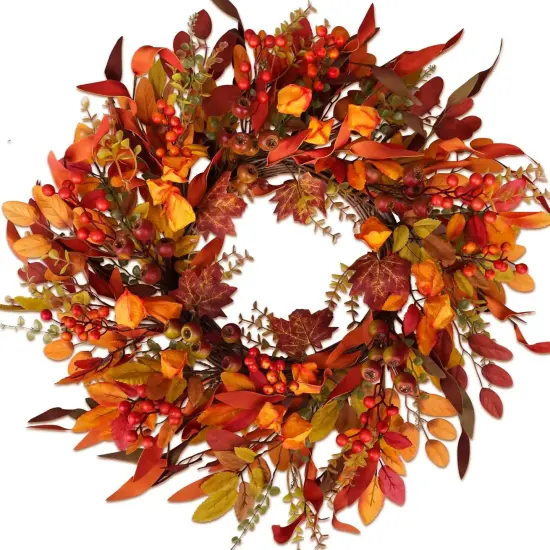 24" Berry Branches Fall Wreath with Colorful Mixed Leaves {1}