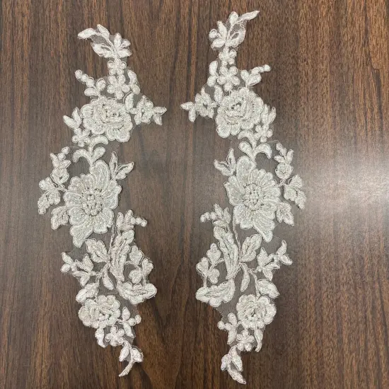 1 Pair Beaded & Corded Floral Lace Applique on 100% Polyester Net Mesh 13" x 3" Each Side Ivory with Rose G {1}
