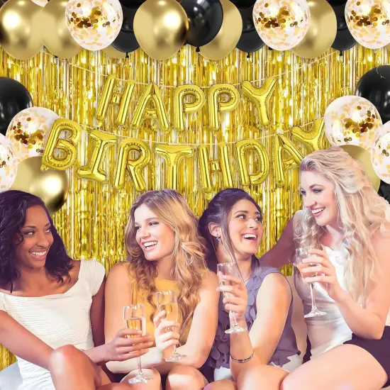 Black Gold Happy Birthday Decorations for Women Girls, Foil Heart Star Confetti Balloons {4}