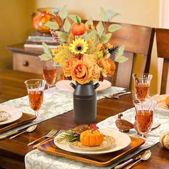 Artificial Fall Flowers with Metal Pot, Faux Silk Flower Arrangements {4}