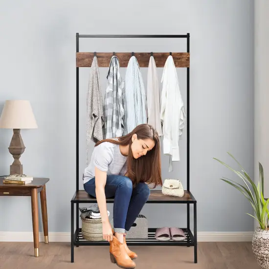 COSTWAY 3 in 1 Industrial Coat Rack Shoe Bench Entryway Hall Tree Storage Shelf w/ Hooks {3}