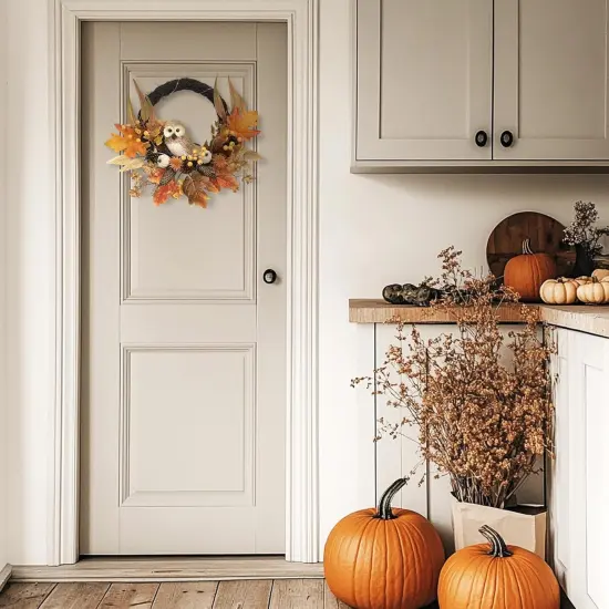 18'' Fall Door Wreath with Lights Cute Owl for Harvest Decor {5}