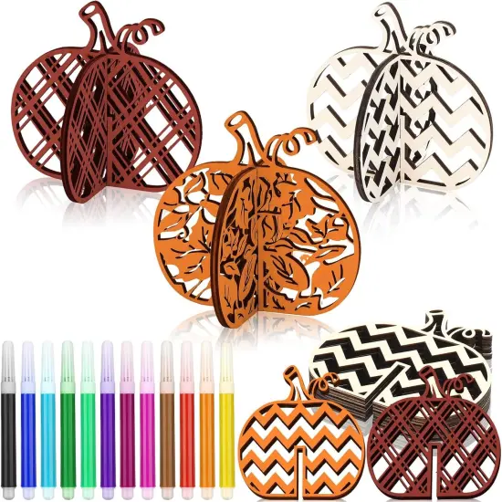36 Pcs Fall Crafts Set 24 Pumpkin Wood Cutouts with 12 Colored {1}