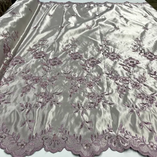 1 Yard Beaded Bridal Lace Fabric Embroidered on 100% Polyester Satin 54" Wide Yam {1}