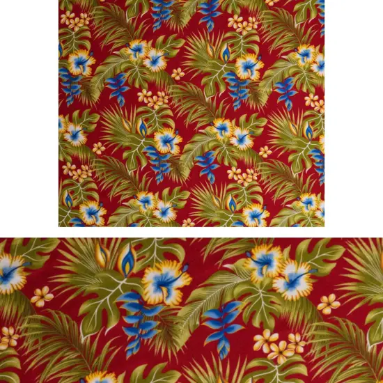 1 Yard Hibiscus Plumeria Split Banana Palm Leaves Rayon Poplin Fabric 44/45" Wide Red {7}