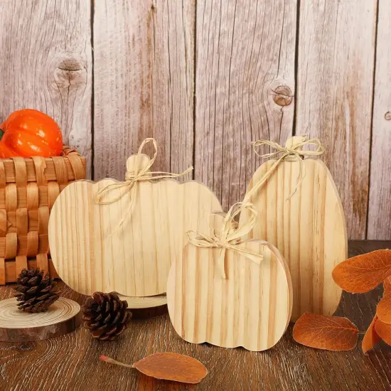 3Pcs Unfinished Pumpkin Wooden Cutout with Natural Raffia Pumpkin {3}