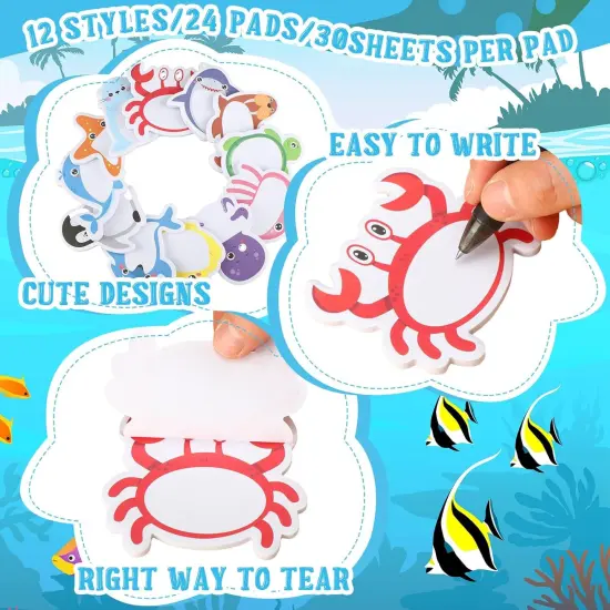 24 Pads Cute Sticky Notes Kawaii Fun Animal Sticky Notes Pads Bulk Cartoon Memo Self Adhesive for Veterinary Gift Office School Tab Animal Party Supplies(Ocean Animals) {2}