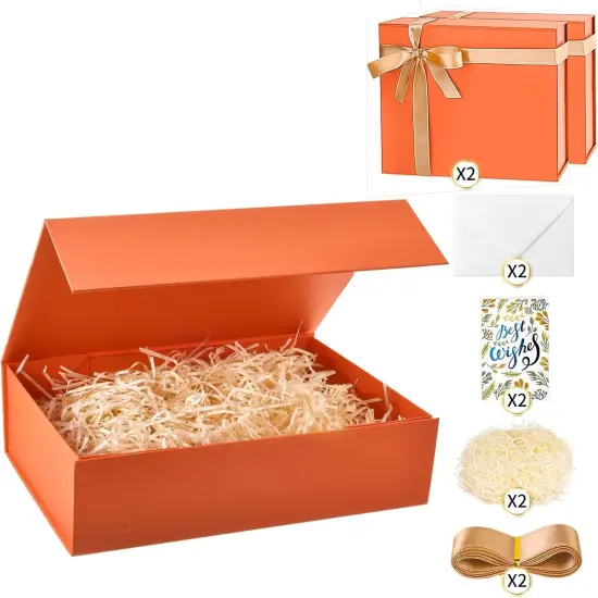 Beautiful & Sturdy Large Orange Gift Box Measuring 12 x 8.5 x 3.2 Inches for Birthday Gifts - Box Includes Cards, Envelopes, Ribbon and Shredded Paper Filler (set of 2) {5}