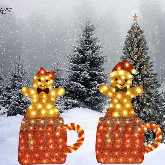 Pair of Mug Gingerbread Men 40" & 42" Lighted Holiday Yard Decorations with Box {2}