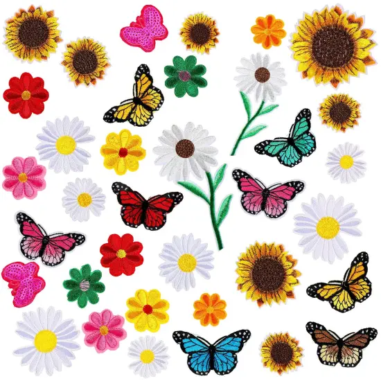 36 Pieces Flower Iron On Embroidered Patches Sunflower Cute Sew On Applique Patches for Clothing Large Colorful Decorative Patches for Clothes Dress Hat Jeans DIY (Butterfly, Sunflower, Daisy) {1}