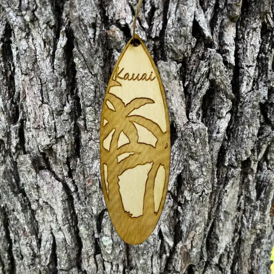 Ornament - Kauai Palm Tree Surfboard - Raw Wood Maple {3}