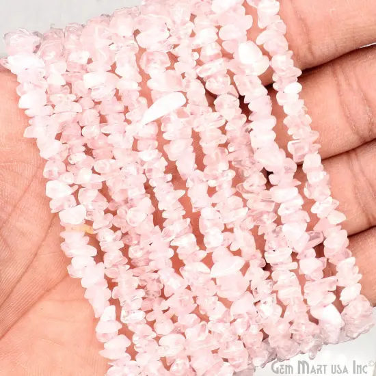 Rose Quartz Chip Beads, 34 Inch, Natural Chip Strands, Drilled Strung Nugget Beads, 3-7mm, Polished, GemmartUSA (CHRQ-70001) {6}