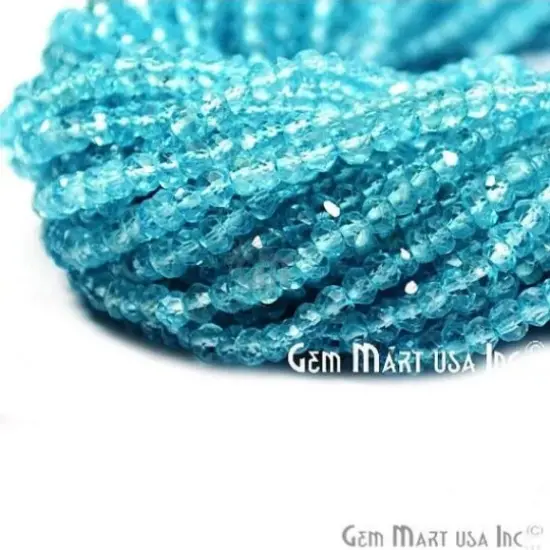 Blue Topaz Rondelle Beads, 12.5 Inch Gemstone Strands, Drilled Strung Nugget Beads, Faceted Round, 3-4mm {1}