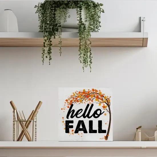 Hello Fall Square Wood Sign Tabletop Decor - 5 x 5 Inches {4}