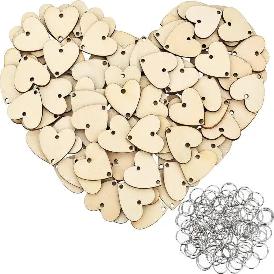 200 Pieces in Total, Wooden Heart Tags with Holes and Rings {1}