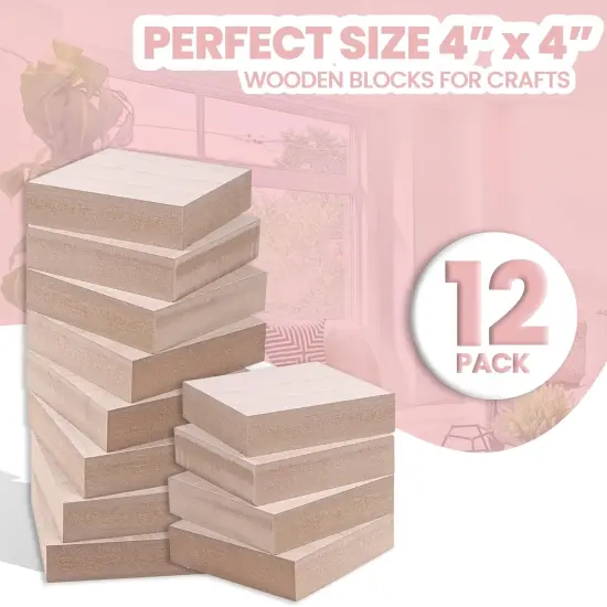 (12-Pack) - 4&rdquo; x 4&rdquo; Wooden Blocks for Crafts - 1-Inch Thick Square MDF Block {2}
