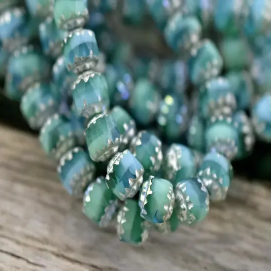 Antique Silver AB Washed Blended Turquoise Fire Polish Cathedral Beads {1}