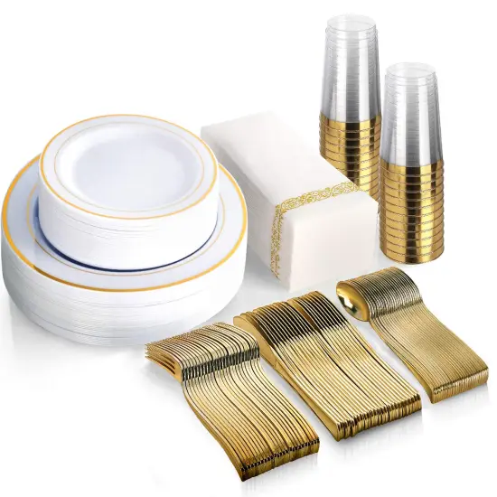 175 Piece Gold Dinnerware Set - 50 Gold Rim Plastic Plates - 25 Gold Plastic Silverware - 25 Gold Plastic Cups - 25 Gold Paper Napkins, 25 Guest Disposable Gold Dinnerware Set {1}
