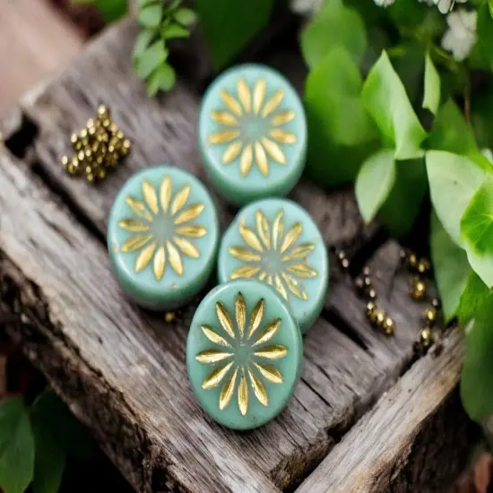 *15* 12mm Gold Washed Green Turquoise Aster Flower Coin Beads {2}