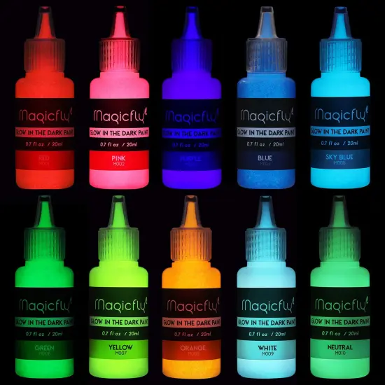 10 Bright Colors Acrylic Glow in The Dark Paint,Liquid Luminous Paint, Neon Paints Glow in Dark for Painting, Halloween Decoration, DIY Crafts, 20 ml Each {1}