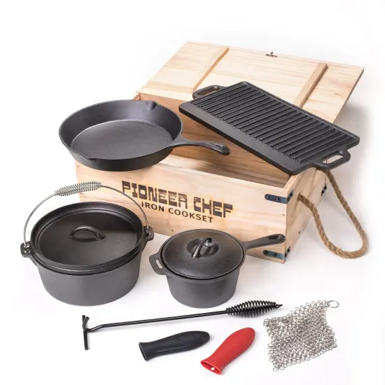 Lehman's Campfire Cookware Set, Cast Iron Stew Pot, Skillet, Dutch Oven with Rack and Lid Lifter, Reversible Grill and Scrubbers {1}