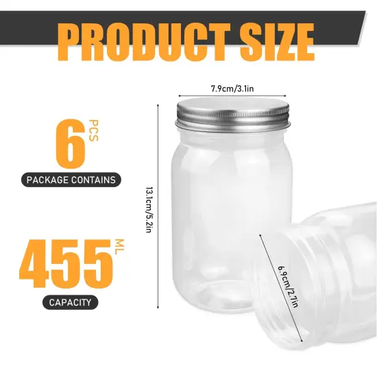 6 Pieces 16 Ounce Clear Plastic Mason Jars Containers With Screw Sealing Metal Tinplate Lids,Refillable Empty PET Plastic Slime Candy Storage Jars Containers for Home Kitchen Art Craft {1}