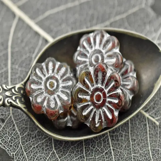 *6* 18mm Silver Washed Blended Red Topaz Daisy Flower Beads {4}