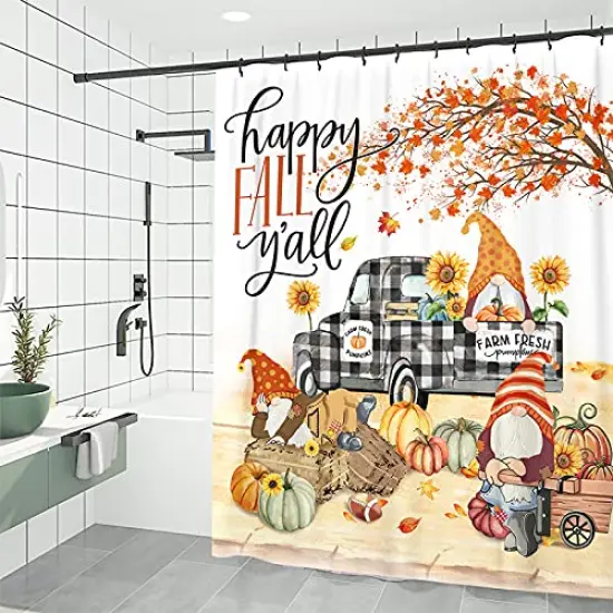 Fall Shower Curtain for Bathroom, Autumn Pumpkins Waterproof Bath Curtains, Gnomes Buffalo Plaid Truck Maple Leaves Farmhouse Decor Fabric Seasonal Shower Curtains with Hooks, 72"x72" {1}