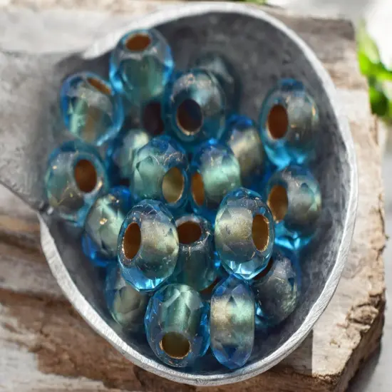 *25* 5x8mm Gold Lined Capri Blue Faceted Large Hole Rondelle Roller Beads {2}