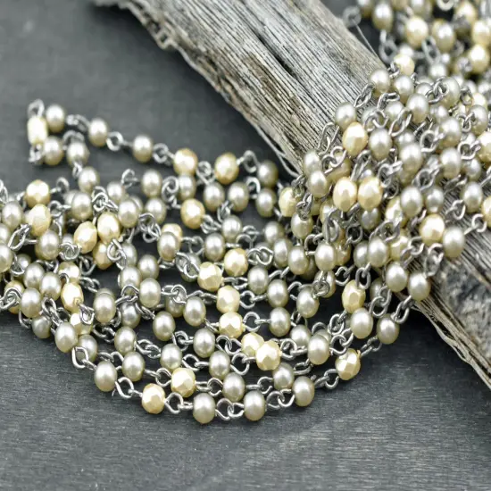 4mm Satin Taupe Pearl & Cream Fire Polished Round Beads w/Silver Beaded Chain {3}