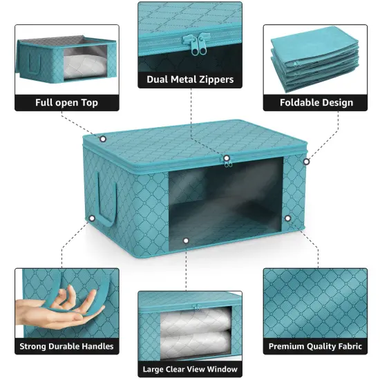 Sorbus Medium Clothes Storage Bags 6 Pack - Foldable Blanket Organizer Bins with Window, Lids, and Handles Aqua {4}
