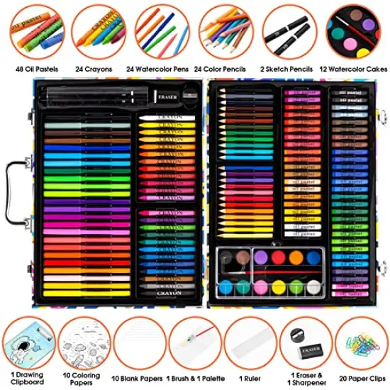 180 Piece Drawing Painting Art Kit with Clipboard and Coloring Papers, Gifts Art Set Case with Oil Pastels, Crayons, Colored Pencils, Watercolor Cakes {1}