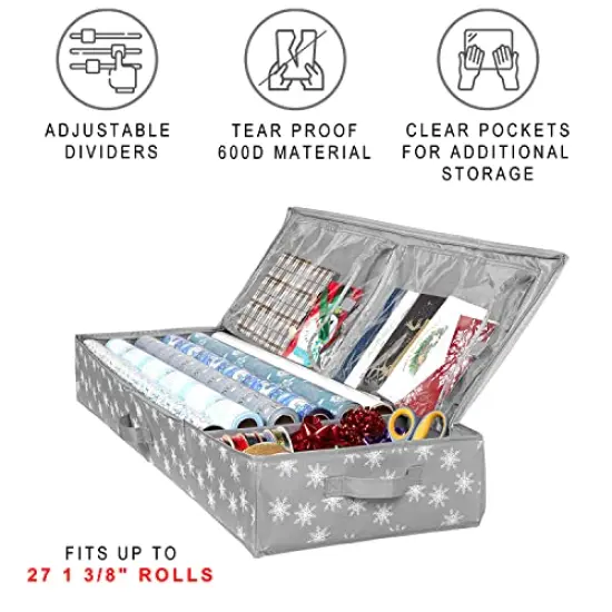 Storage Container &ndash; Fits up to 27 Rolls 1 3/8&rdquo; Diam. - Underbed Gift Wrap Organizer Bags, Wrapping Paper Rolls, Ribbon, and Bows - Under Bed- Durable Material 600D - Up to 40" Rolls {3}