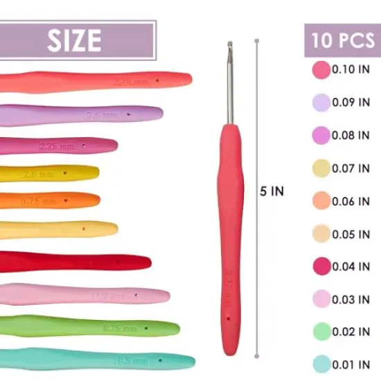 10 Pieces Knitting Needles Crochet Hook - Multicolor Ergonomic Crochet Hooks Set - Rubber Handled Aluminum Crochet Hooks - Small Crochet Hooks Knitting Kit for Beginners Crochet Kit for Crocheting Yarn {1}