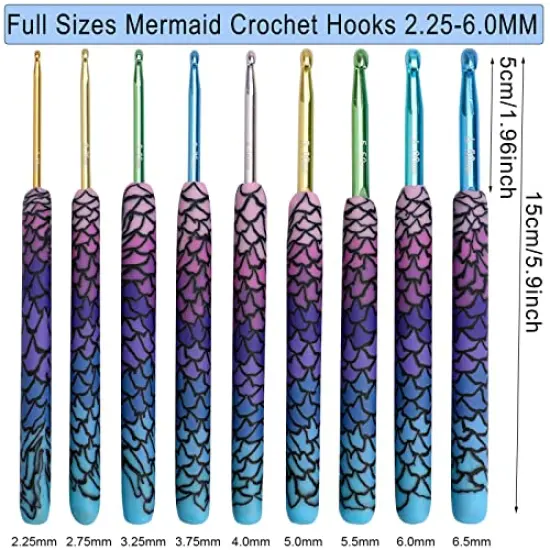 9 Pieces Magic Mermaid Crochet Hoook Solft Warm Crochet Hook Kit Complete 2.0-6.0mm Aluminum Knitting Hook for Crochet Yarn Craft (Patent Pending) (Mermaid) {1}
