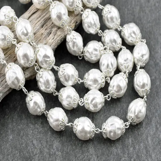 10mm Czech Glass White Baroque Pearl Chain w/ Bright Silver {2}