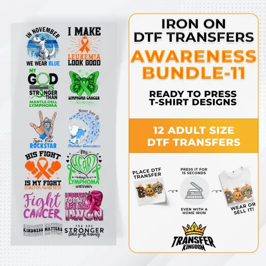 Iron on DTF Transfer Awareness Month Bundle 11 - 12 Best Seller T-shirt Designs Ready To Press {1}