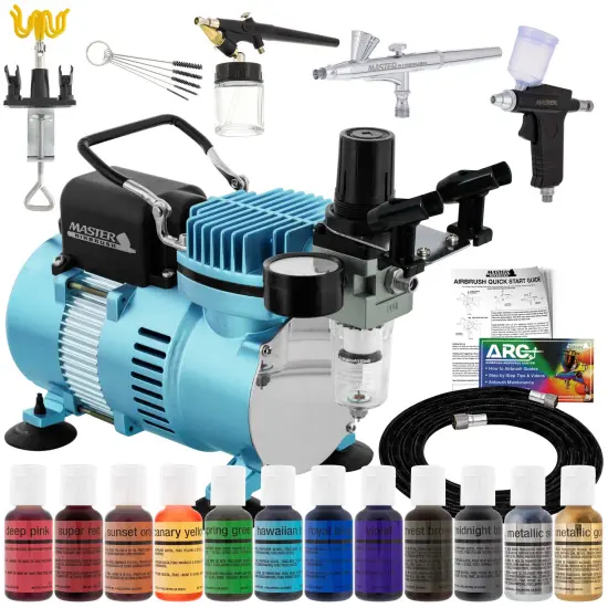 Cool Runner II Dual Fan Air Compressor Pro Cake Decorating System Kit with 3 Airbrushes, 12 Color Food Coloring Set - How-To Guide {1}