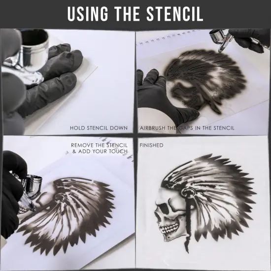 Custom Shop Airbrush Skeleton Skull Indian Chief Stencil Set (Skull Design #12 in 3 Scale Sizes) - Laser Cut Reusable Templates {3}