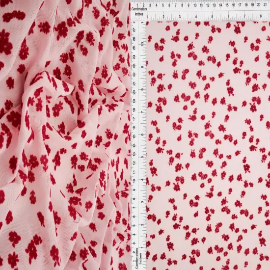 1 Yard Floral Flocking Mesh Fabric, 56/57&Prime; Wide Polyester Spandex Blend RED {1}