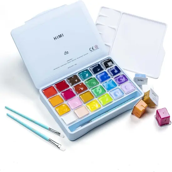 Gouache Paints set with 3 Paint Brushes, 24 Colors, 30g, Jelly Cup Design, Non Toxic Paint for Canvas and Paper, Art Supplies for Professionals (Ice Blue Case) {1}