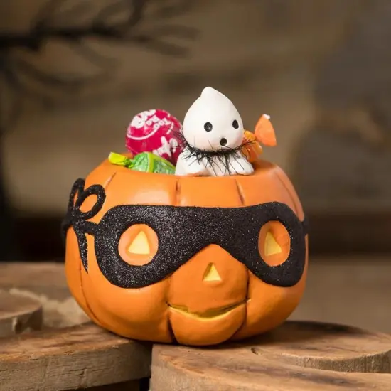 Bethany Lowe by Artist Michelle Allen Halloween Jack-O-Lantern and Peeking Boo Ghost Candy Dish 5.25 Inch Figurine {2}