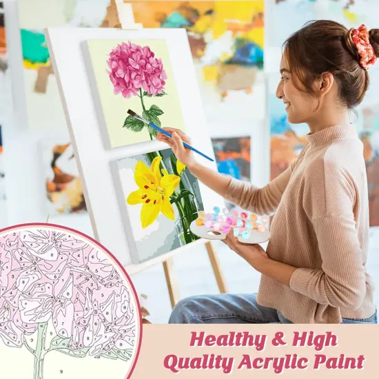 Paint by Number for Adults Beginners, 4 Pack DIY Adult Paint by Number Kits on Canvas Framed, Flowers Color by Numbers Acrylic Oil Painting Number Kits Crafts for Home Wall Decor 8x8inch {5}