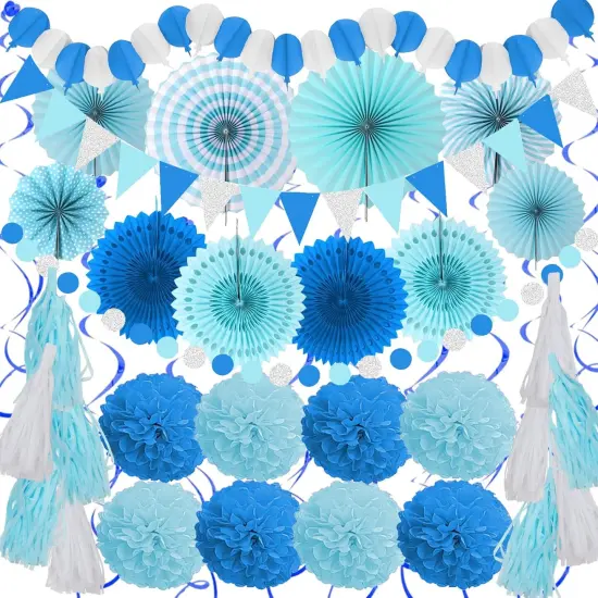 41 Pcs Blue Papar Fans Pompoms Garlands Decorations {1}